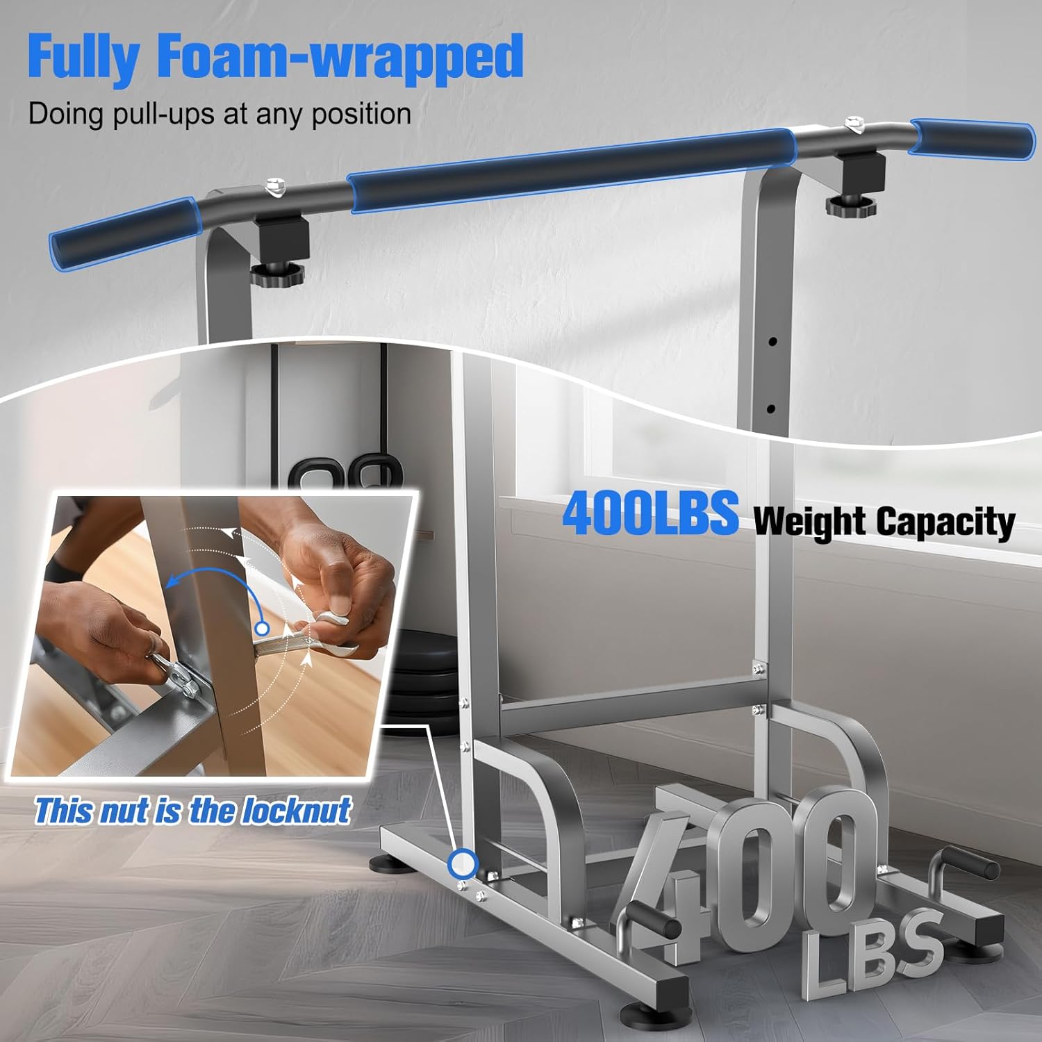 RELIFE Power Tower — 9 Adjustable Heights，The pull up bar features reinforced