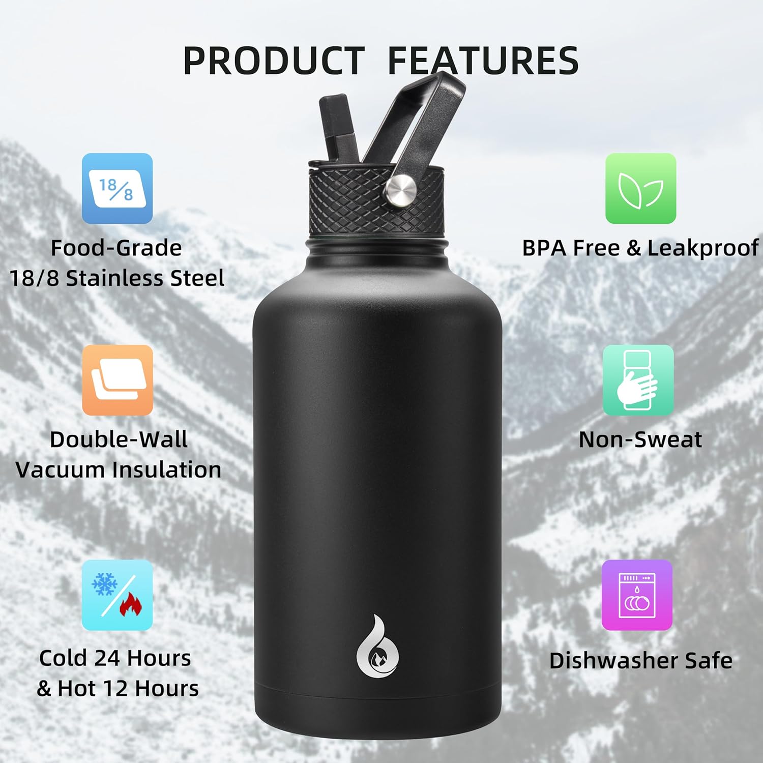 BJPKPK Half-Gallon Water Bottle (64oz) — 18/8 Premium Stainless Steel