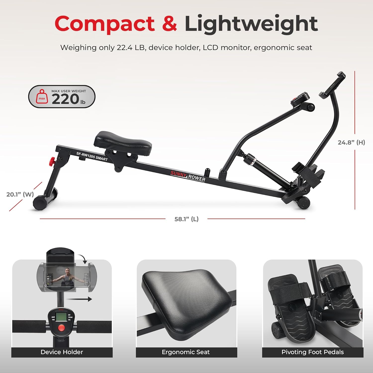 Sunny Health Compact Rowing Machine — Smooth Resistance